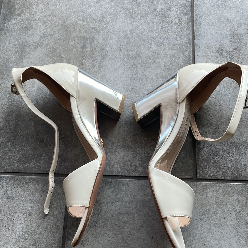 Prada White Patent Leather Metallic Heel Ankle Strap Sandals 38 US 8 - Picture 3 of 7
